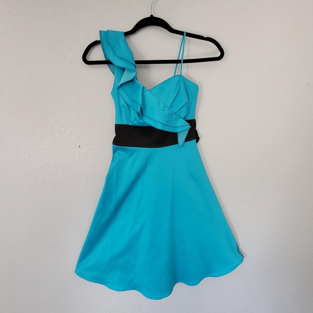 Teeze Me Teal with black ribbon tie formal dress
